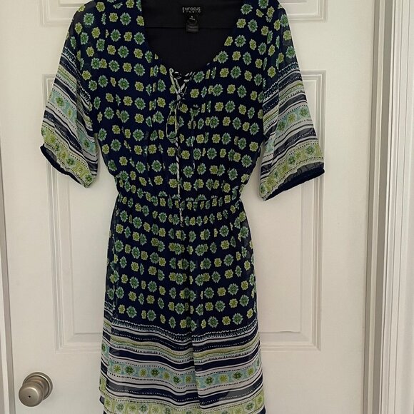 En Focus Boho short sleeved summer dress blue green white patterned mini - Picture 1 of 2